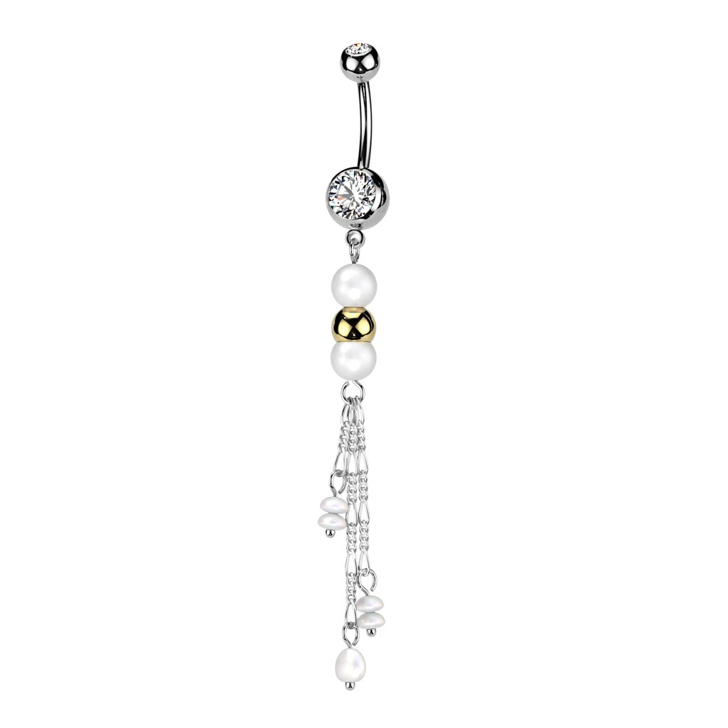 Double Synthetic Pearls with Dangling Chains Belly Button Ring - 316L Stainless Steel