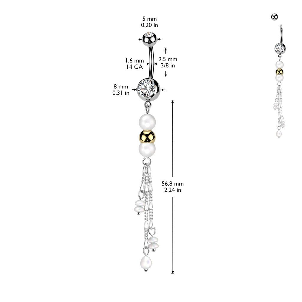 Double Synthetic Pearls with Dangling Chains Belly Button Ring - 316L Stainless Steel