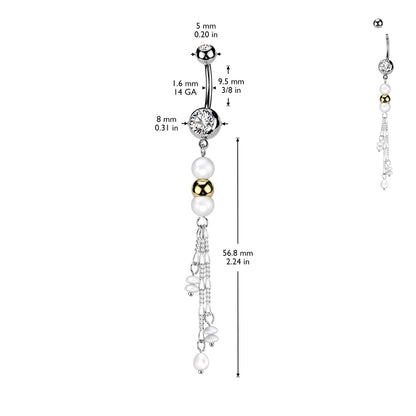 Double Synthetic Pearls with Dangling Chains Belly Button Ring - 316L Stainless Steel