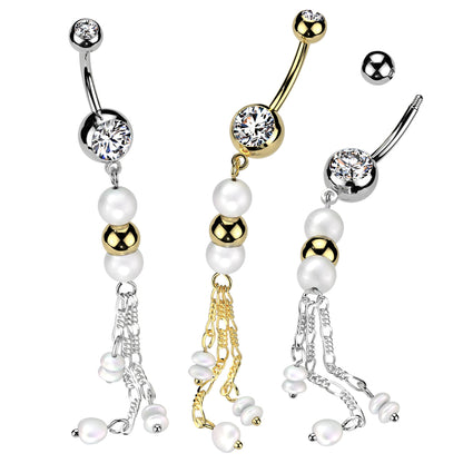 Double Synthetic Pearls with Dangling Chains Belly Button Ring - 316L Stainless Steel