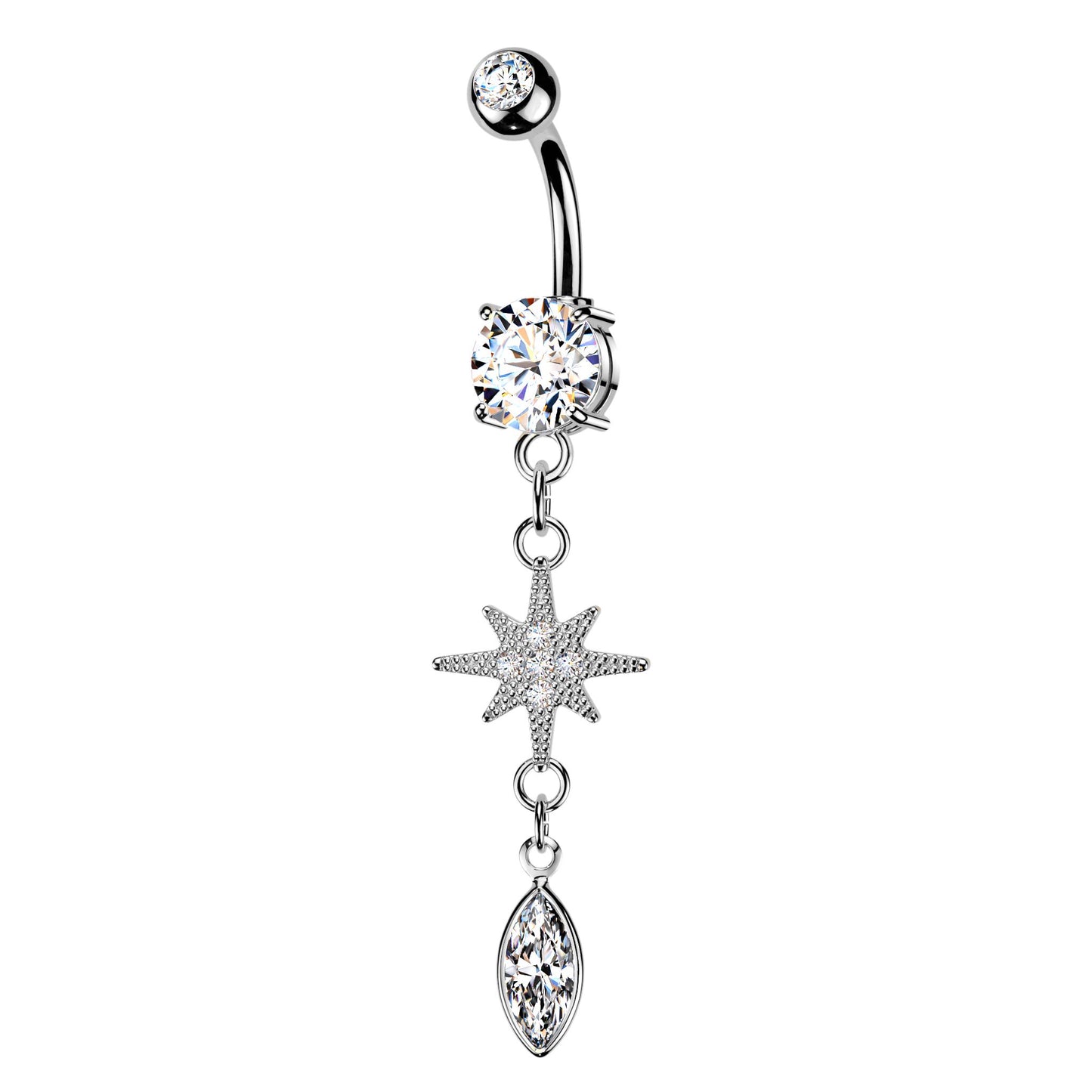 CZ Dangling Starburst Marquise Belly Button Ring - 316L Stainless Steel