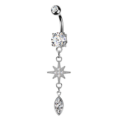 CZ Dangling Starburst Marquise Belly Button Ring - 316L Stainless Steel