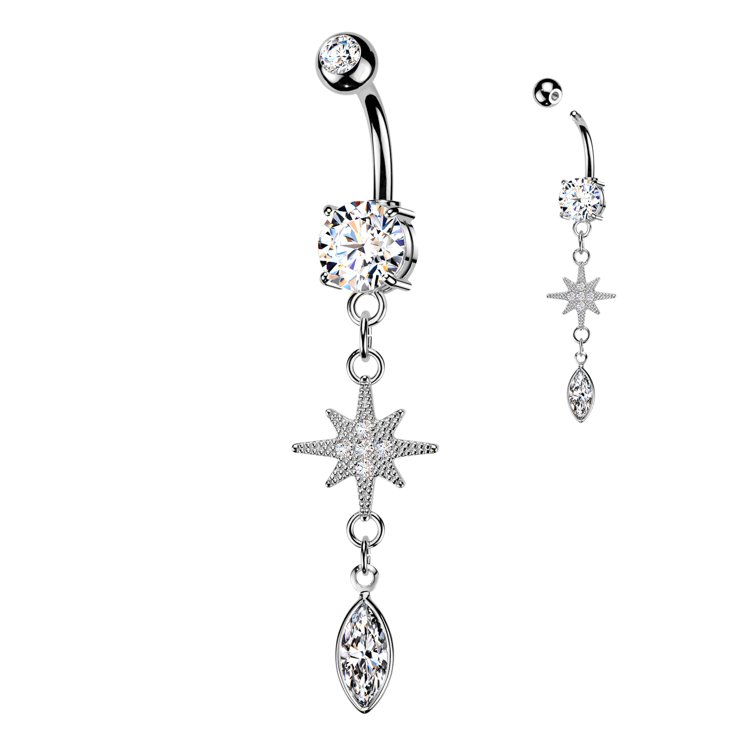 CZ Dangling Starburst Marquise Belly Button Ring - 316L Stainless Steel