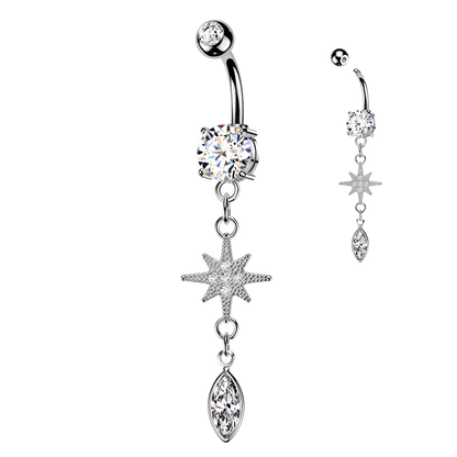 CZ Dangling Starburst Marquise Belly Button Ring - 316L Stainless Steel