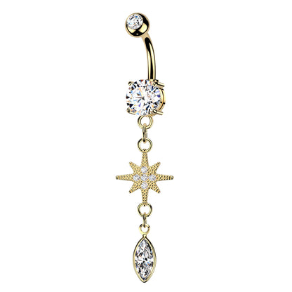 CZ Dangling Starburst Marquise Belly Button Ring - 316L Stainless Steel