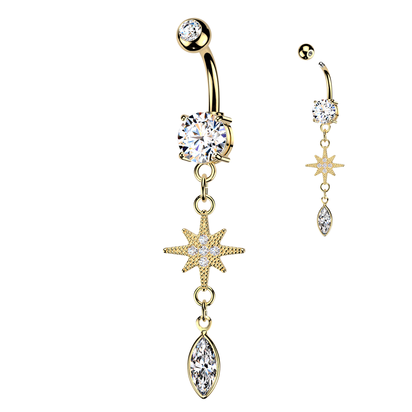 CZ Dangling Starburst Marquise Belly Button Ring - 316L Stainless Steel