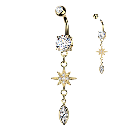 CZ Dangling Starburst Marquise Belly Button Ring - 316L Stainless Steel