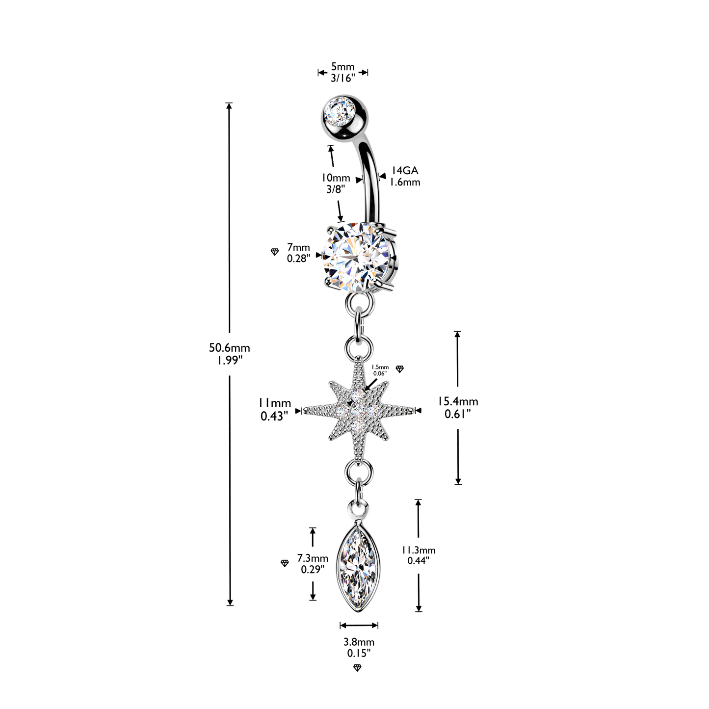 CZ Dangling Starburst Marquise Belly Button Ring - 316L Stainless Steel