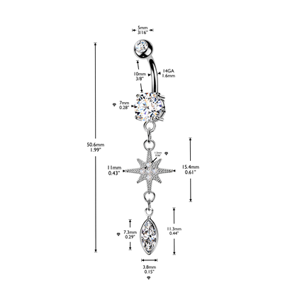 CZ Dangling Starburst Marquise Belly Button Ring - 316L Stainless Steel