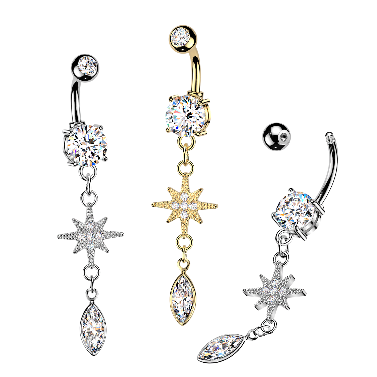 CZ Dangling Starburst Marquise Belly Button Ring - 316L Stainless Steel