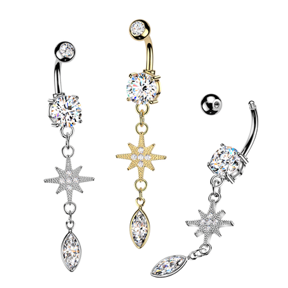CZ Dangling Starburst Marquise Belly Button Ring - 316L Stainless Steel