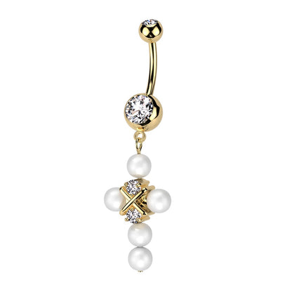 CZ Crystal and Synthetic Pearl Cross Dangling Belly Button Ring - 316L Stainless Steel