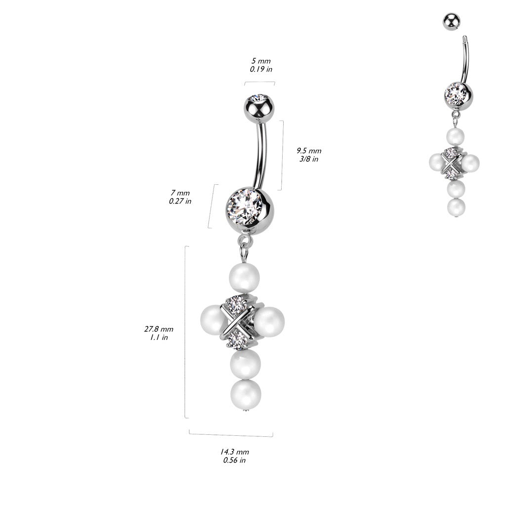 CZ Crystal and Synthetic Pearl Cross Dangling Belly Button Ring - 316L Stainless Steel