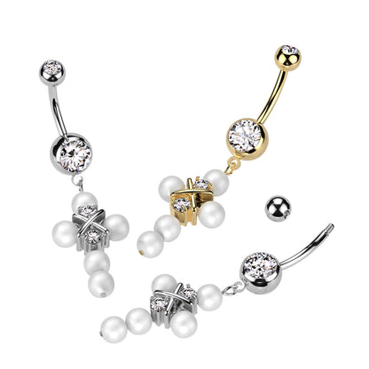 CZ Crystal and Synthetic Pearl Cross Dangling Belly Button Ring - 316L Stainless Steel