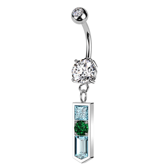 Blue and Green CZ Crystal Pointed Baguette Dangling Belly Button Ring - 316L Stainless Steel