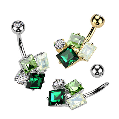 Green CZ Crystal Cluster Belly Button Ring - 316L Stainless Steel