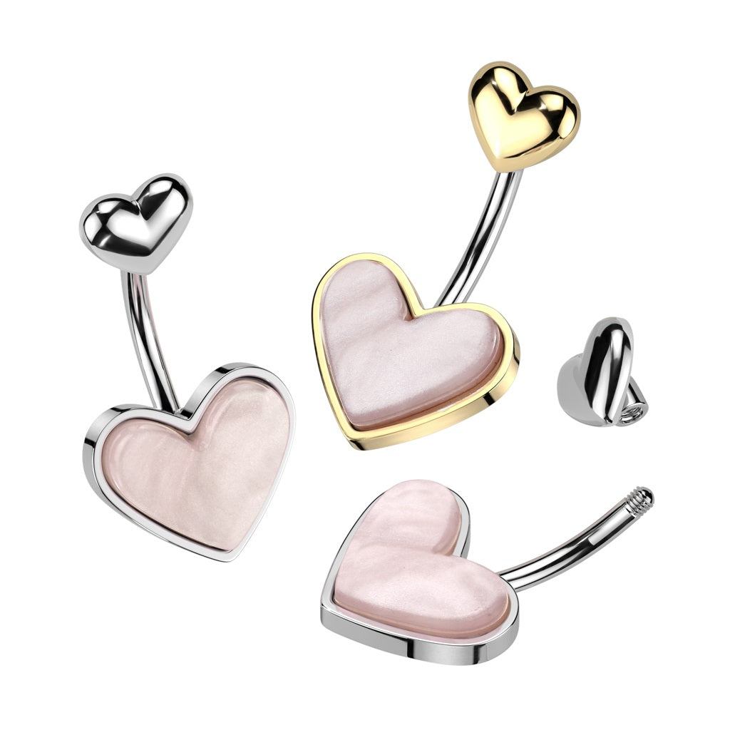 Mother of Pearl Heart Belly Button Ring - 316L Stainless Steel