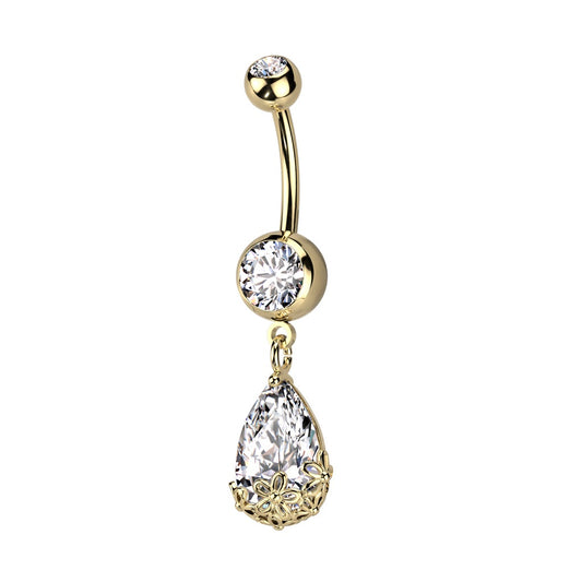 Floral Dangling Pear Shaped CZ Crystal Belly Button Ring - 316L Stainless Steel