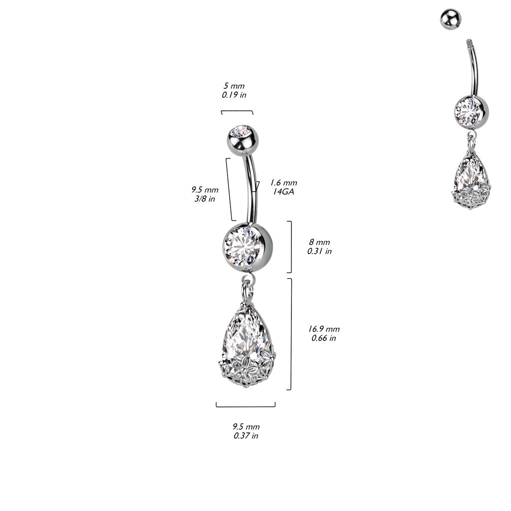 Floral Dangling Pear Shaped CZ Crystal Belly Button Ring - 316L Stainless Steel