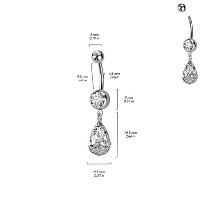 Floral Dangling Pear Shaped CZ Crystal Belly Button Ring - 316L Stainless Steel