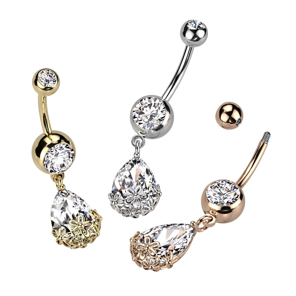 Floral Dangling Pear Shaped CZ Crystal Belly Button Ring - 316L Stainless Steel