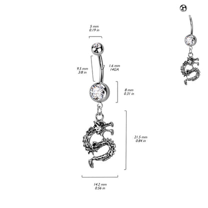 CZ Crystal Dragon Dangling Belly Button Ring - 316L Stainless Steel