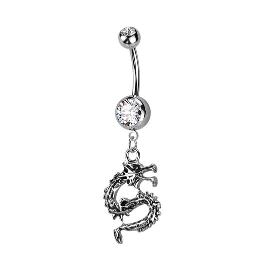 CZ Crystal Dragon Dangling Belly Button Ring - 316L Stainless Steel