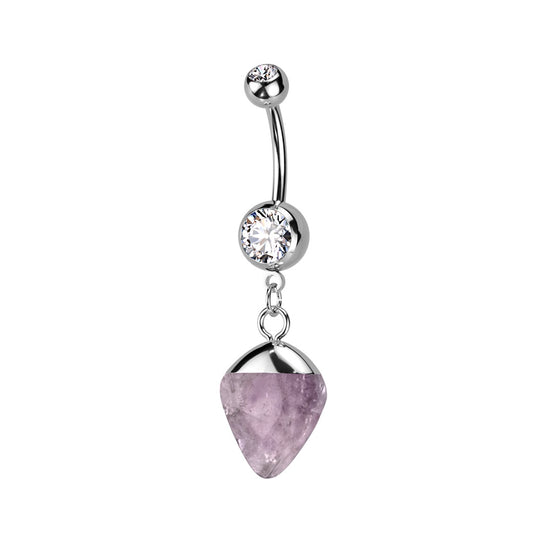 Double Jeweled CZ Crystal Semi-Precious Stone Dangling Belly Button Ring - 316L Stainless Steel
