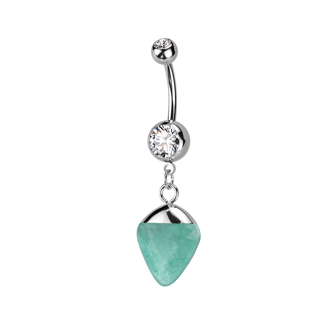 Double Jeweled CZ Crystal Semi-Precious Stone Dangling Belly Button Ring - 316L Stainless Steel