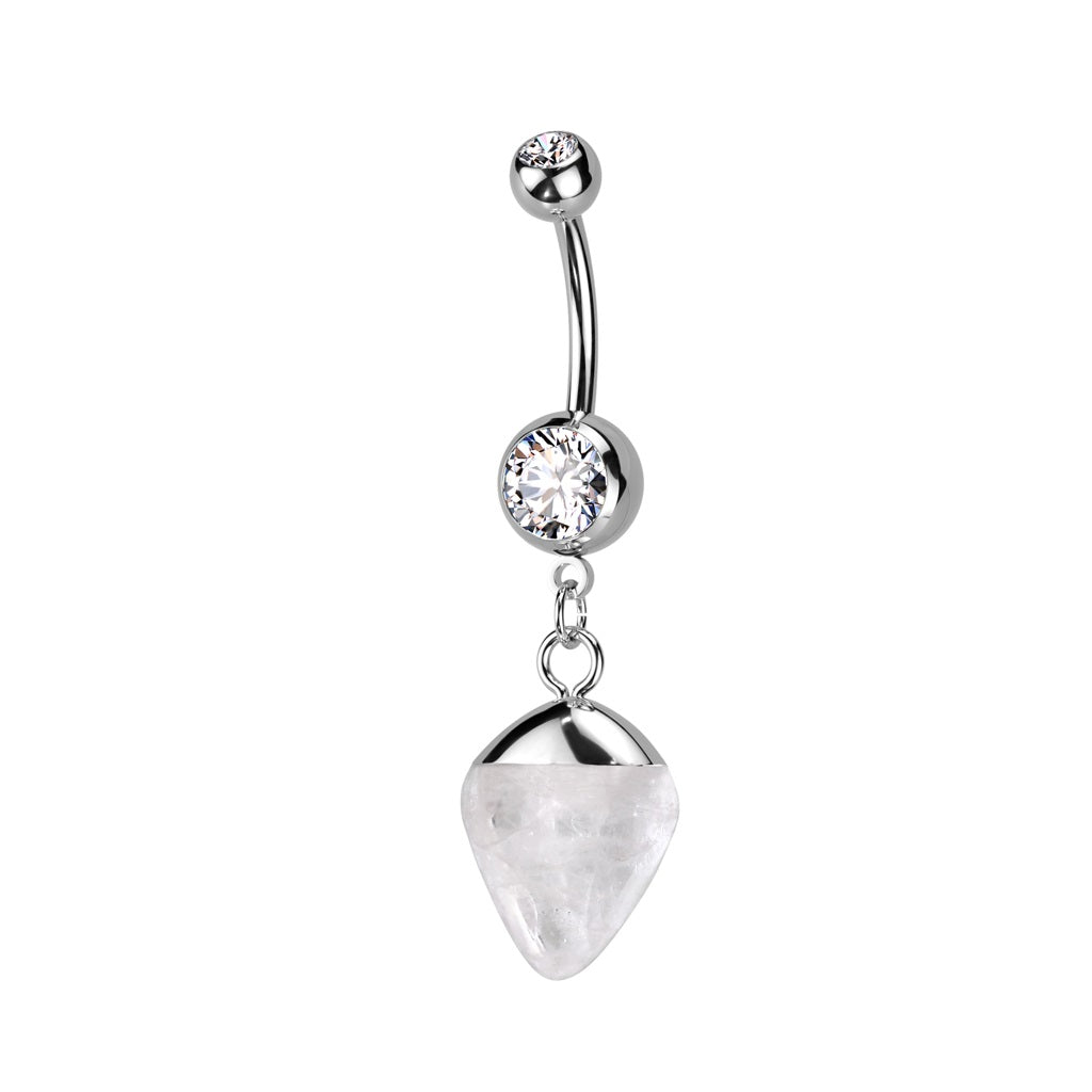 Double Jeweled CZ Crystal Semi-Precious Stone Dangling Belly Button Ring - 316L Stainless Steel