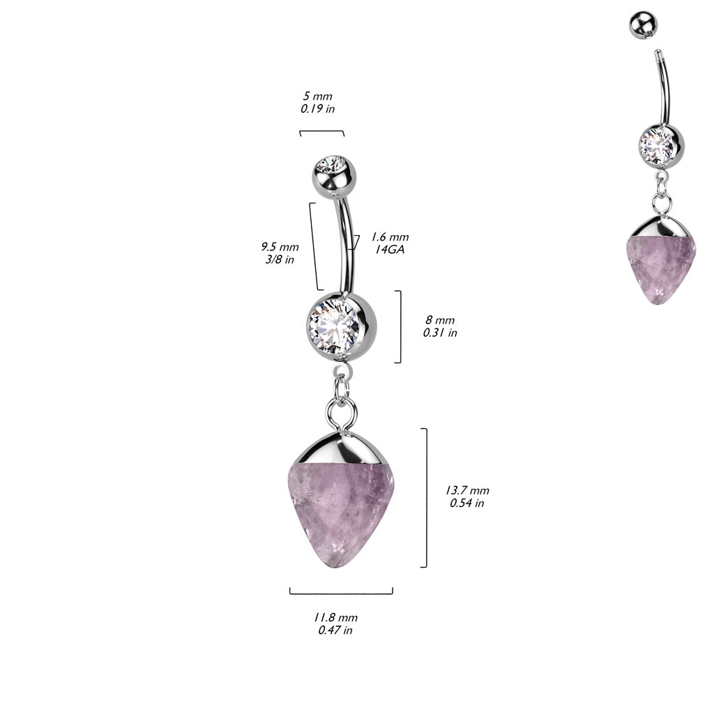 Double Jeweled CZ Crystal Semi-Precious Stone Dangling Belly Button Ring - 316L Stainless Steel