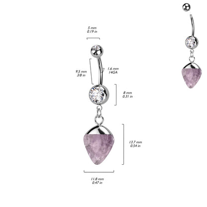 Double Jeweled CZ Crystal Semi-Precious Stone Dangling Belly Button Ring - 316L Stainless Steel