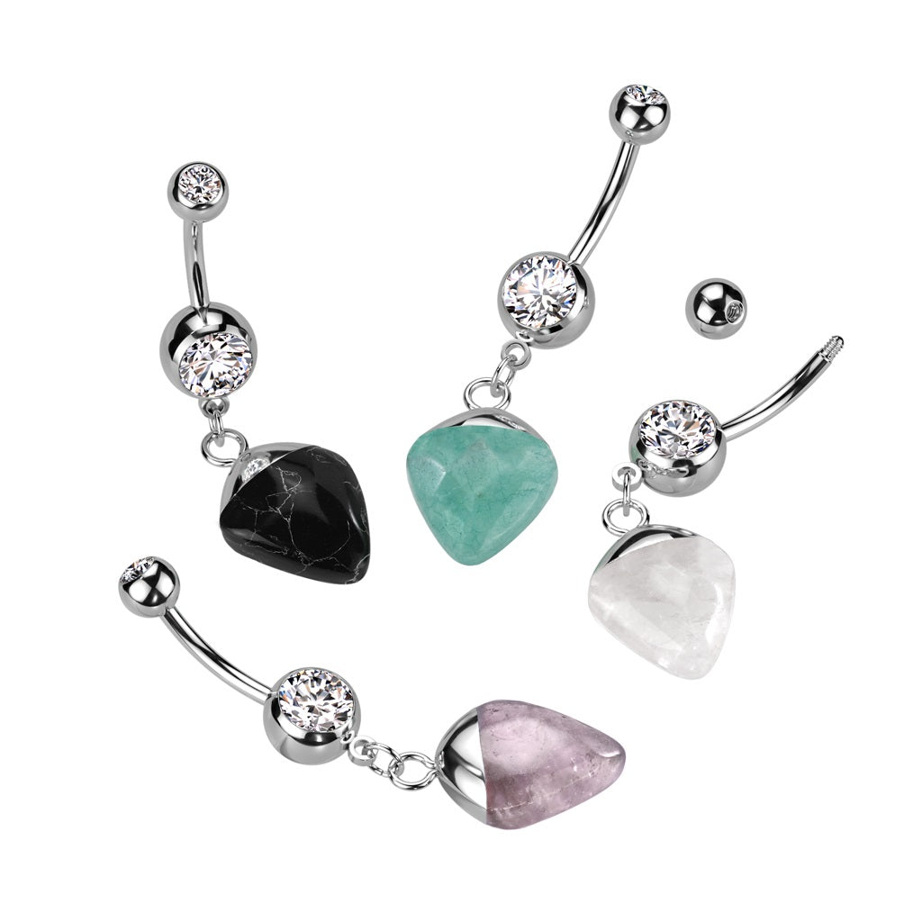 Double Jeweled CZ Crystal Semi-Precious Stone Dangling Belly Button Ring - 316L Stainless Steel