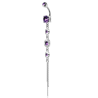 CZ Centered Crystal Drop Chain Dangling Belly Button Ring - 316L Stainless Steel