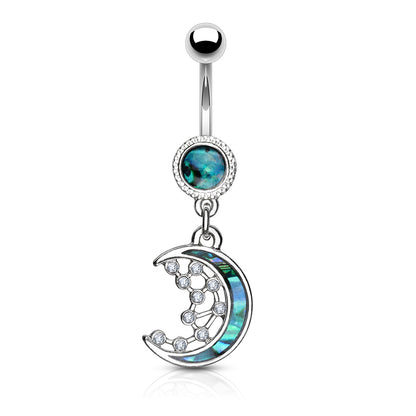 Mother of Pearl Inlay Crescent Moon and CZ Stars Dangling Belly Ring - 316L Stainless Steel