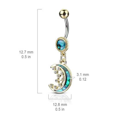 Mother of Pearl Inlay Crescent Moon and CZ Stars Dangling Belly Ring - 316L Stainless Steel