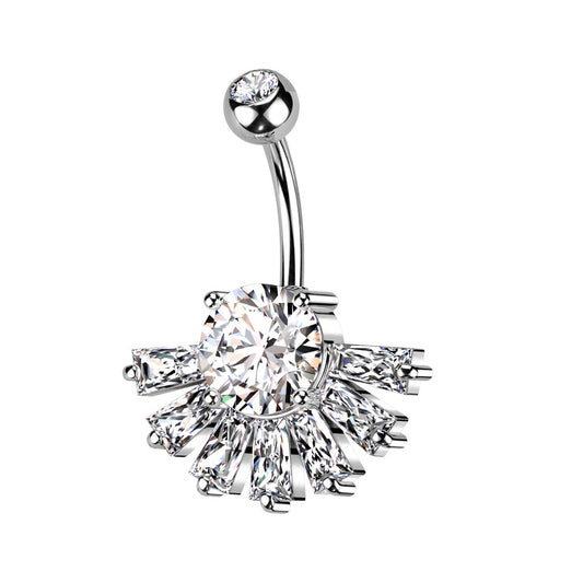 CZ Crystal Baguette Fan Bottom Belly Button Ring - 316L Stainless Steel