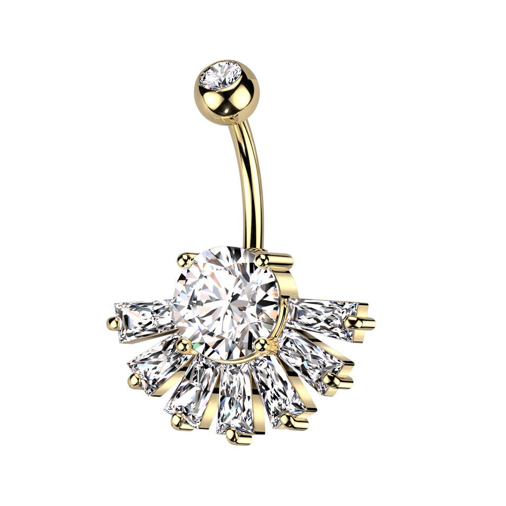 CZ Crystal Baguette Fan Bottom Belly Button Ring - 316L Stainless Steel