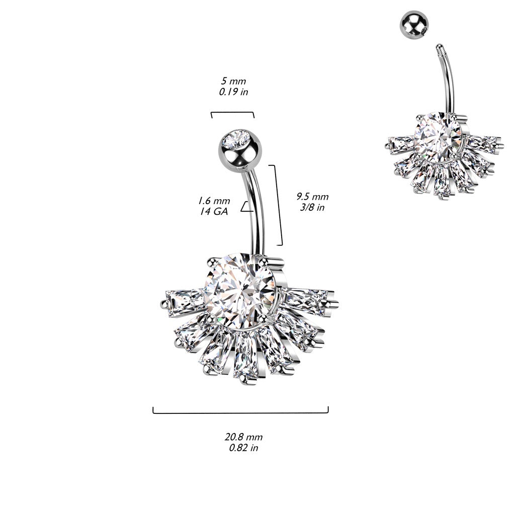 CZ Crystal Baguette Fan Bottom Belly Button Ring - 316L Stainless Steel