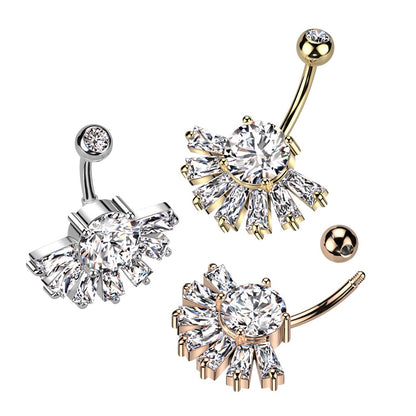 CZ Crystal Baguette Fan Bottom Belly Button Ring - 316L Stainless Steel