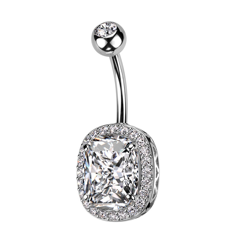 Oval CZ Crystal with Surrounding CZs Belly Button Ring - 316L Stainless Steel