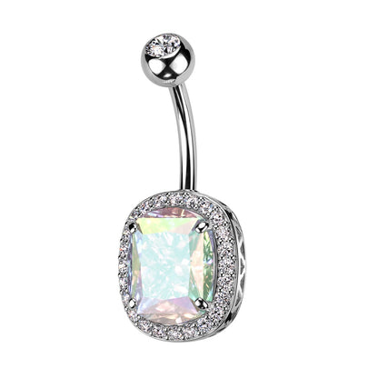 Oval CZ Crystal with Surrounding CZs Belly Button Ring - 316L Stainless Steel