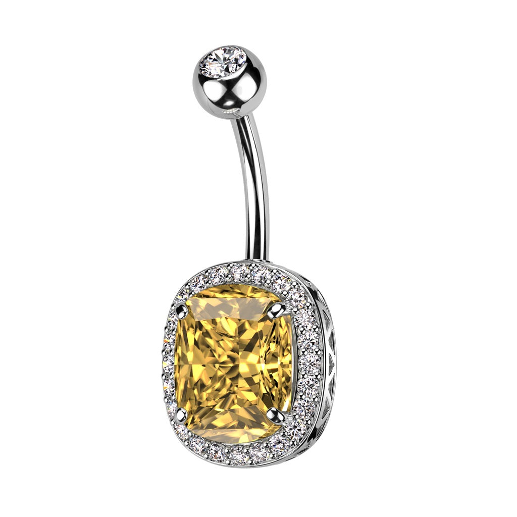 Oval CZ Crystal with Surrounding CZs Belly Button Ring - 316L Stainless Steel