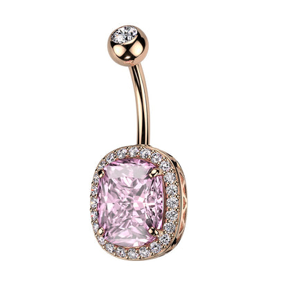 Oval CZ Crystal with Surrounding CZs Belly Button Ring - 316L Stainless Steel