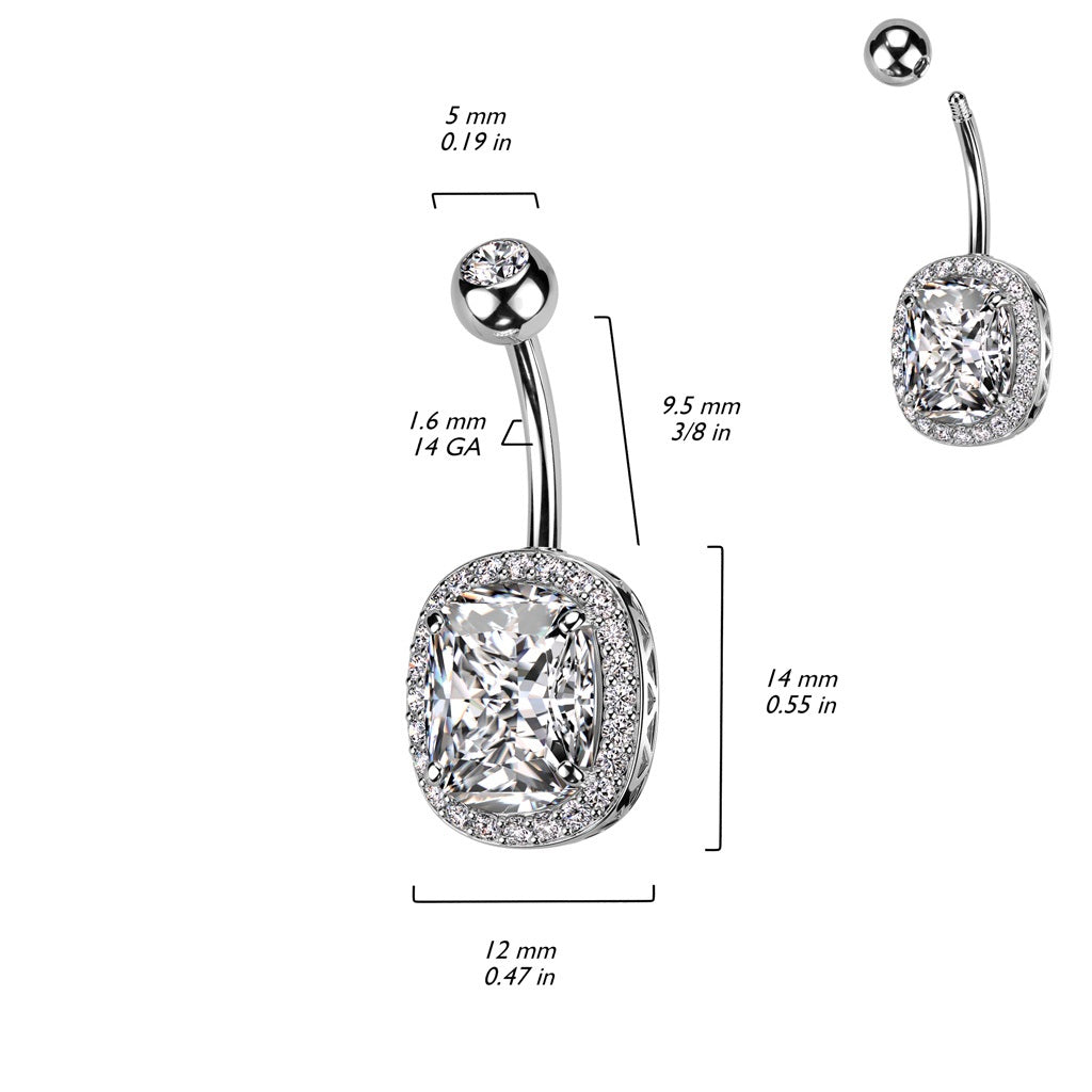 Oval CZ Crystal with Surrounding CZs Belly Button Ring - 316L Stainless Steel