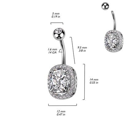 Oval CZ Crystal with Surrounding CZs Belly Button Ring - 316L Stainless Steel