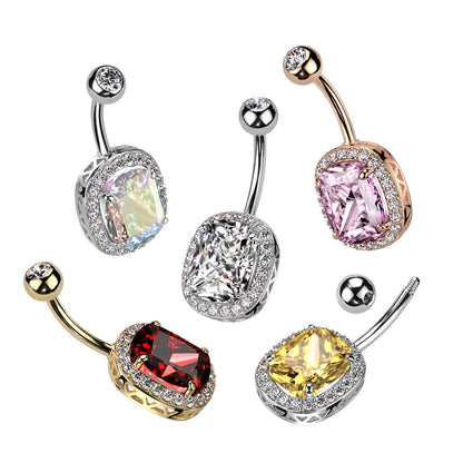 Oval CZ Crystal with Surrounding CZs Belly Button Ring - 316L Stainless Steel