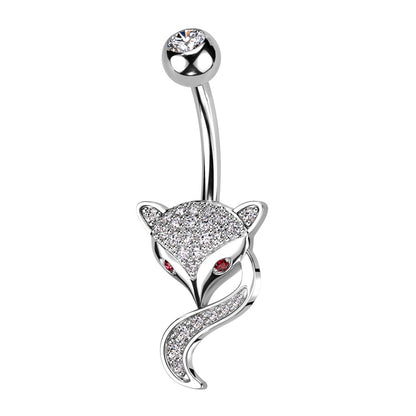 CZ Crystal Paved Fox Head with Red Eyes Belly Button Ring - 316L Stainless Steel