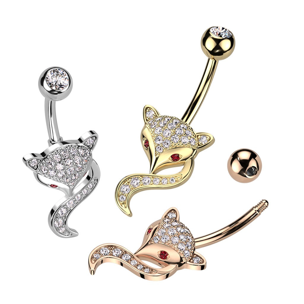 CZ Crystal Paved Fox Head with Red Eyes Belly Button Ring - 316L Stainless Steel