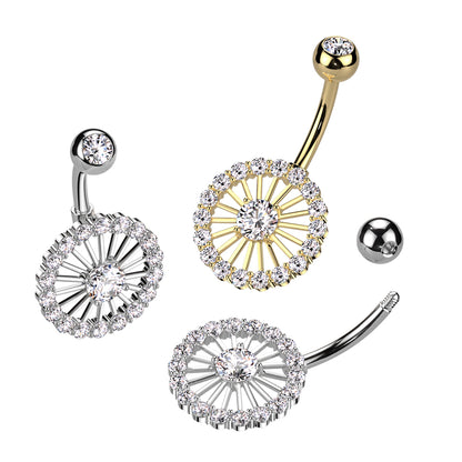 CZ Crystal Paved Wheel Belly Button Ring - 316L Stainless Steel